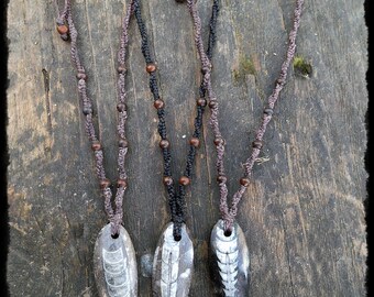 Macrame necklace with fossilized Orthoceras