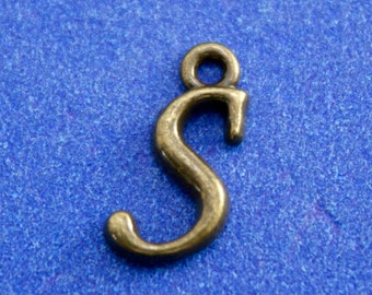 1 or 4 pcs- 12mm Antique Brass Script Initial S, Bronze Alphabet Charm S, Letter S, Monogram S