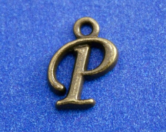 1 or 4 pcs- Bronze Script Initial P, Antiqued Brass Alphabet Charm P, Letter P, Monogram P, 12mm