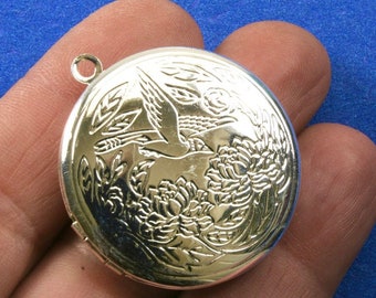 1 pc -32.5mm médaillon rond en argent avec fleur et oiseau, pendentifs médaillons en laiton plaqués argent, médaillons ronds plats, 32.5mm - SP-KK-N0116-071S