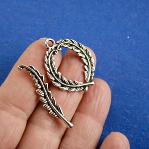 5 sets -Antique Silver Toggle Clasps ,Feather Toggle Clasp Set, Silver Leaf Design Toggle Set,  38mm x 8mm and 30mm x 25mm- AS-B751105