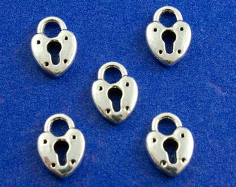 5 pcs -13x9mm Silver Heart Lock Charm, Small Lock Pendant, Silver Heart Charm- AS-B22556