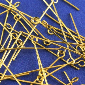 100 pcs Gold Plated Eye Pins Findings 38mm 1.5 inch 21 gauge GP-B03557 image 1