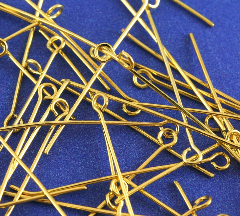 100 pcs Gold Plated Eye Pins Findings 38mm 1.5 inch 21 gauge GP-B03557 image 1