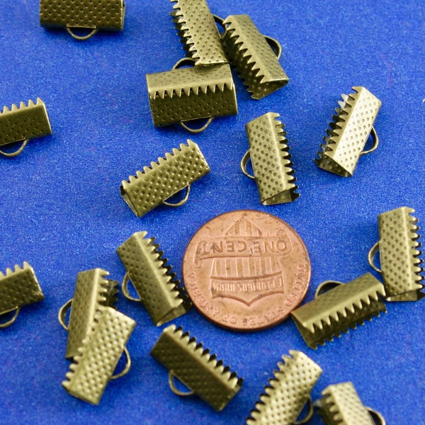 25 pcs -Antique Bronze Crimp End, Antique Brass Toothed Cord End Caps, Ribbon Crimp End Findings, 13mm x 8mm (1/2" x 3/8")- AB-B14626