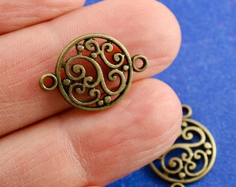 10 pcs -Antique Bronze Round Connectors, Round Filigree Connectors, 2 Hole Connectors, Earring Making, 20mm x 14mm- AB-B0117602