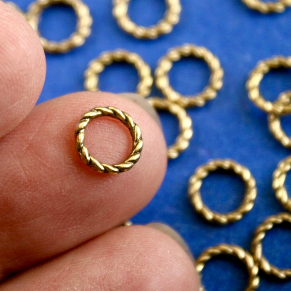 50 pieces -8mm Fancy Antique Gold Soldered Jump Rings, Twist/Rope Gold Tone Links, Antiqued Gold Connectors, 8mm Diameter- AG-B0121503