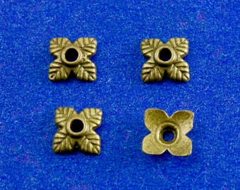 20 pcs -Antique Brass/ Bronze 4 Petal Leaves Beads End Caps 6mm x 6mm- AB-B22808-8S