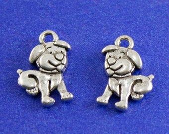 8 pcs.- Antiqued Silver Puppy Dog Charm 17.5x11mm, Tiny Dog Pendant, Silver Puppy Charm