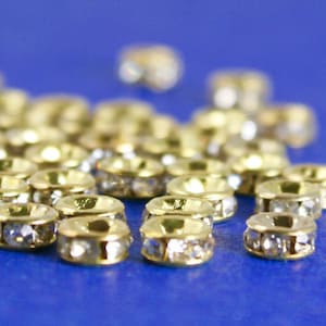 25 pcs -Gold Rondelle Spacer Beads, HIGH QUALITY, Round Silver Plated Clear Rhinestone, 5mm ( 1/4&quot;) Dia, Hole:Approx 1mm,  GP-B03230