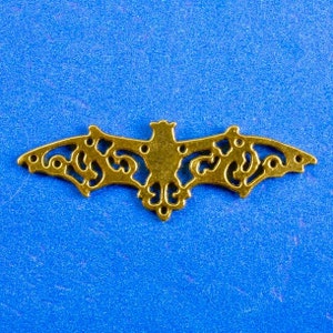 1 or 4 pcs -Gold Bat Pendant, Filigree Bat Charm, Flying Bat Charm, Brass Bat, Gothic Bat Jewelry, Halloween Bat,  56mm x 19mm