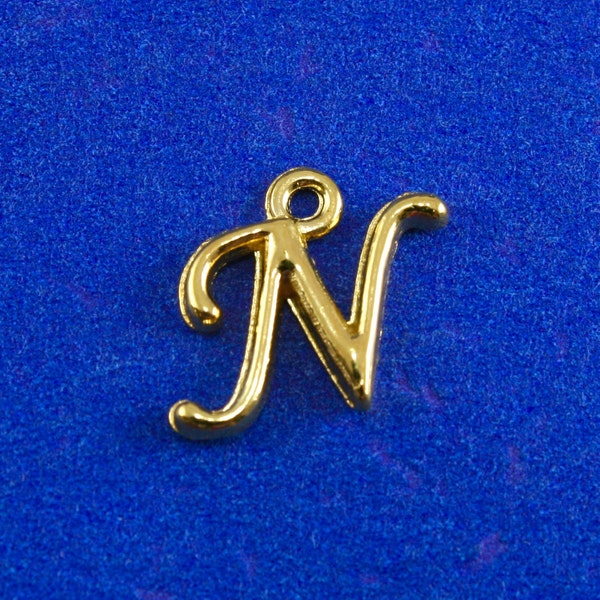 1 or 4 pcs- Gold Script Initial N, Gold Plate Alphabet Charm N, Letter N, Monogram N