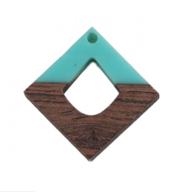 2 Pieces -wood and Green Blue Resin Square Charms, Wood