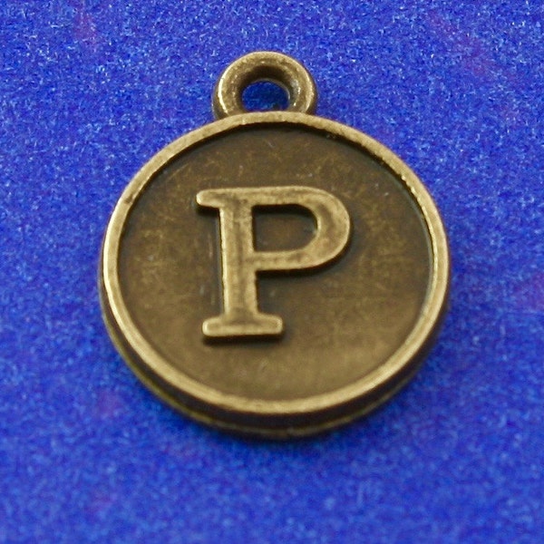 4 pièces Lettre 'P' Bronze Antique Rond Alphabet/Lettre Pendentifs 13mm - AB-B69078-8S