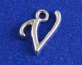 1 or 4 pcs- Silver Script Initial V, Silver Plate Alphabet Charm V, Letter V, Monogram V