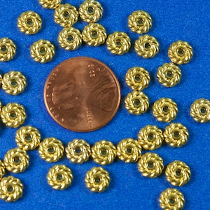 50 pcs -Gold Spacer Beads, Flat Round Twist Rope Spacer Beads, Gold Plated Donut Beads, 6mm Dia, Hole: 1.5mm- GP-B0117088