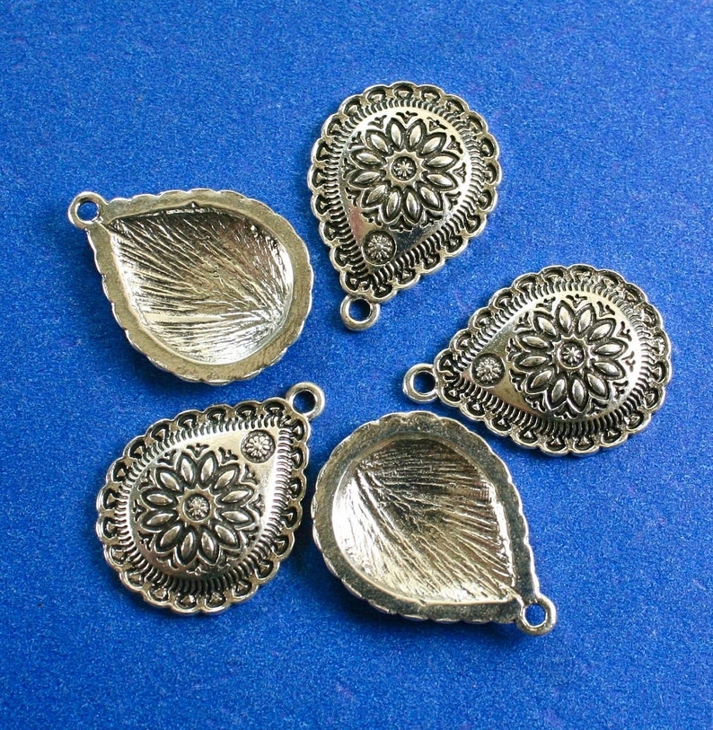 10 pcs Antique Silver Floral Southwestern Style Teardrop Pendant, Native American Style Charms, Carved Design Drop, 29mm x 21mm AS-B843095 image 4