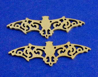 1 or4 pcs -Bright Gold Bat Pendant, Filigree Bat Charm, Flying Bat, Gold Plate Bat, Gothic Bat Jewelry, Spooky Halloween Bat,  56mm x 19mm