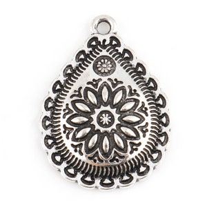 10 pcs Antique Silver Floral Southwestern Style Teardrop Pendant, Native American Style Charms, Carved Design Drop, 29mm x 21mm AS-B843095 image 6