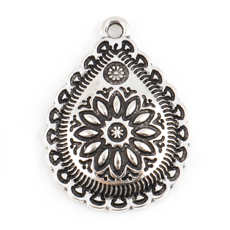 10 pcs Antique Silver Floral Southwestern Style Teardrop Pendant, Native American Style Charms, Carved Design Drop, 29mm x 21mm AS-B843095 image 6
