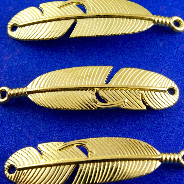 4 pcs- Gold Feather Connector, Two Way Connector, Curved Feather 2 Hole Connector