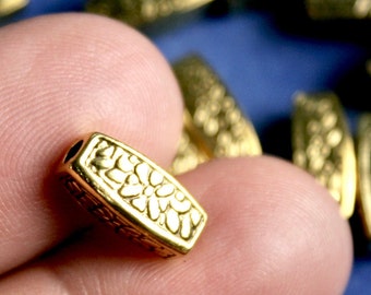 25 pcs -Antique Gold Rectangle Spacer Beads, Oblong Gold Tone Beads, Floral Pattern, 12mm x 5mm, Hole: 2mm- GP-B0097042