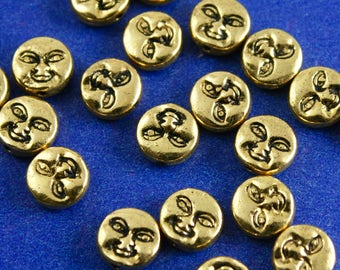 20 pcs -Moon Beads, Moon Face, Antique Gold Face Double Sided, 7.5mm (1/4") Dia, Hole:Approx 1.1mm- AG-B01195