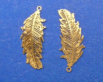 5 pcs -Gold Plated Feather Filigree Stamping, Golden Feather Pendant, Double sided Feather Charm, 3.4cm x 1.3cm- GP-B0239150