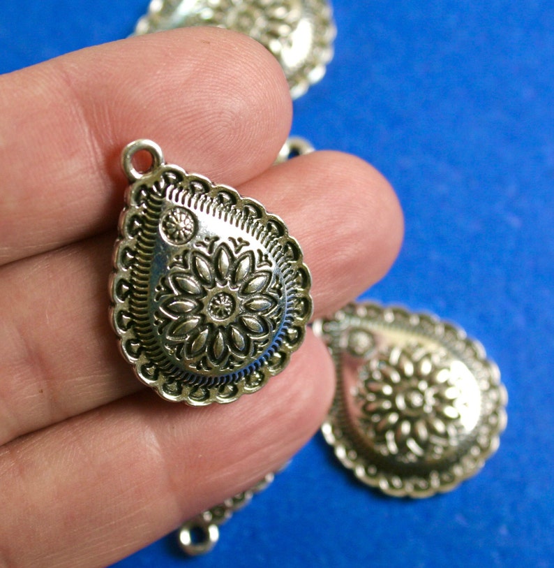 10 pcs Antique Silver Floral Southwestern Style Teardrop Pendant, Native American Style Charms, Carved Design Drop, 29mm x 21mm AS-B843095 image 2