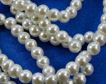 50 pieces -6mm White Pearl Glass Beads, Round White Imitation Pearls, 6mm Pearl Beads, 6mm Dia, Hole: Approx 1mm- GB-B08874