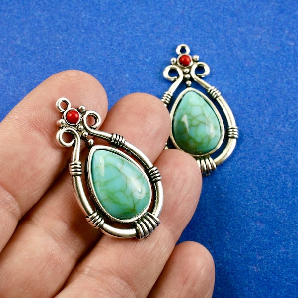 2 pcs-Antique Silver Turquoise Teardrop Pendant, Boho Chic Drop, Southwestern Style Pendant, Native American Style, 38mm x 22mm- AS-B662012