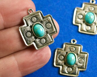 5 pieces -Antique Silver Cross Sun and Imitation Turquoise Stone, Boho Charms, Southwestern Style, 25mm x 22mm- AS/FS-B859540