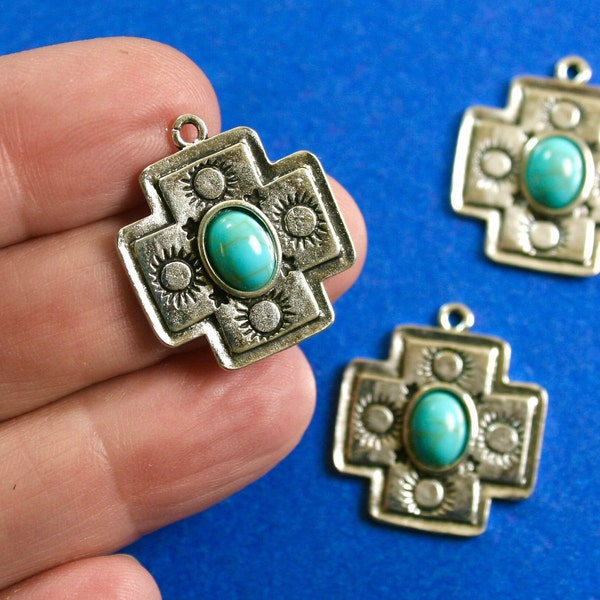 5 pieces -Antique Silver Cross Sun and Imitation Turquoise Stone, Boho Charms, Southwestern Style, 25mm x 22mm- AS/FS-B859540