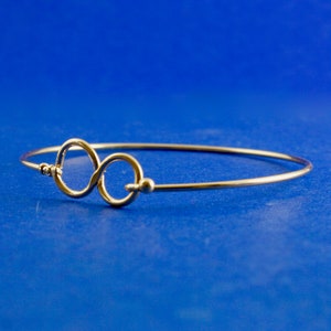 May include: A gold infinity symbol bangle bracelet. The bracelet is made of thin wire and has a simple design.
