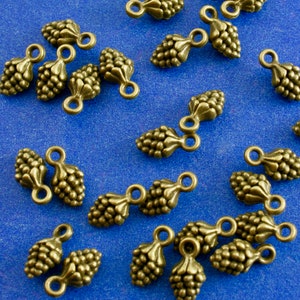 May include: A collection of 20 bronze-colored metal charms shaped like bunches of grapes. Each charm has a loop at the top for attaching to jewelry or other crafts.