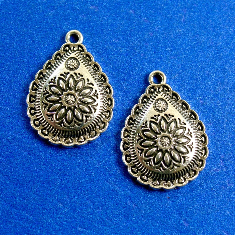 10 pcs Antique Silver Floral Southwestern Style Teardrop Pendant, Native American Style Charms, Carved Design Drop, 29mm x 21mm AS-B843095 image 1