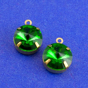 2 pcs- Emerald Birthstone Rhinestone Charm, 12mm Dark Green Rivioli Rhinestone, May Birthstone