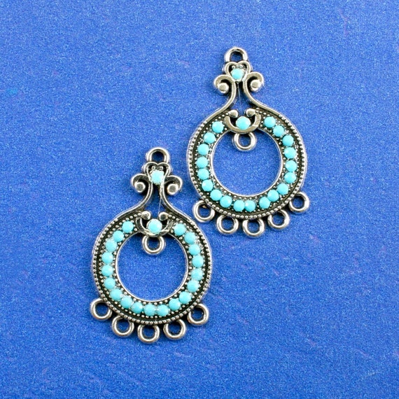 2 個 - アンティーク シルバーとターコイズ コネクタ、ボヘミアン