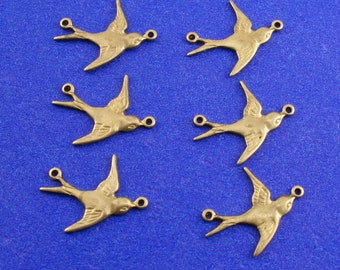 6 pcs- 2 Ring Raw Brass Swallow Charm 19mm x 17mm, Gold Sparrow, Flying Bird Charm, Bird Charm- RB-5343-FAN