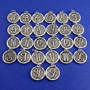 20 pcs-Initial A-Z Charm Random, A to Z Alphabet Pendant, Antiqued Silver Letter A thru Z Coin-As-K85350H-8S