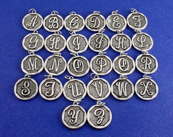 20 pcs-Initial A-Z Charm Random, A to Z Alphabet Pendant, Antiqued Silver Letter A thru Z Coin-As-K85350H-8S