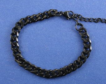 1 pc -Black Stainless Steel Link Curb Chain w/ Extender, Mens Black Bracelet, Black Chain Charm Bracelet, 18cm long x 7mm wide- StSt-B655596