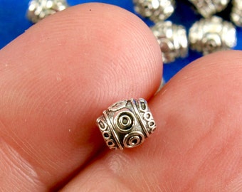 25 pcs -Antique Silver Carved Patterned Barrel Beads, Silver Tone Barrel Beads, 7mm x 6mm, Hole: Approx 2.4mm- AS-B0117668