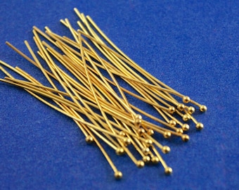50 pcs -Gold Plated Ball Headpins 45mm (1-3/4") long, 0.7mm (21 gauge) Copper Base Metal- GP-B13633