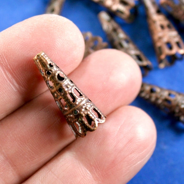 25 pcs -Antique Copper Filigree Beads Caps, Antique Copper Long Cone Beadcaps, 23mm x 9mm- AC-B17248