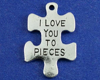 2 pcs -Jigsaw Puzzle Antique Silver Message "I Love You To Pieces", Message Charm, Autism Puzzle, 34mm(1 3/8") x 23mm( 7/8")- AS-B0082952