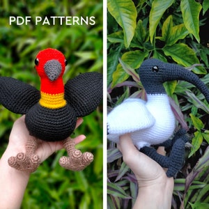 Peut inclure: Modèles PDF pour crocheter un casoar noir et rouge et un ibis blanc et noir. Le casoar a une tête rouge et un cou jaune. L'ibis a une tête et un bec noirs.