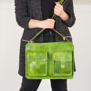 Stylish Green Leather Messenger Bag for Women, Laptop Bag Included, gift for her image 1