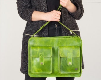 Stylish Green Leather Messenger Bag for Women, Laptop Bag Included, gift for her
