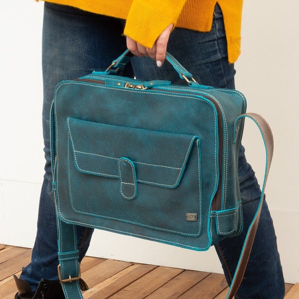 Blue leather vintage briefcase women, teal leather bag women, blue satchel women, turquoise leather crossbody bag for women, women work bag